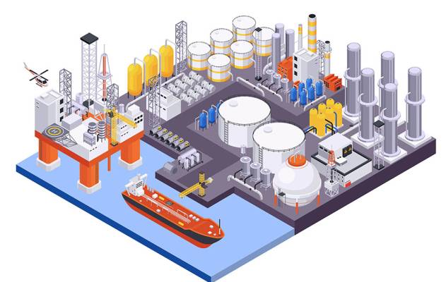 Oil petroleum industry isometric composition with view of maritime port with oil processing plant and platform vector illustration